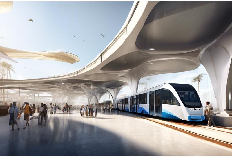 Rendering showing various transportation options arriving at the EXPO venue